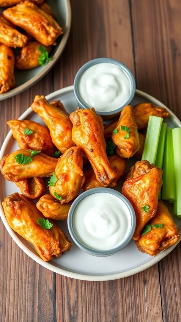 Healthy Air Fryer Chicken Wings Recipe Crispy air fryer chicken wings on a plate with parsley, celery sticks, and ranch dressing.